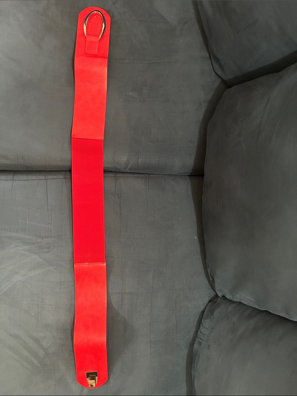 INC Red Wide Elastic Belt with silver toned O-Ring Accent, L/XL